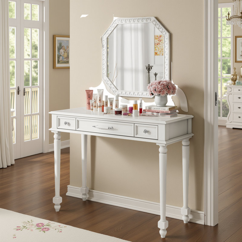 Elegant Vintage Makeup Vanity Desk with Octagonal Mirror, Dressing Table with Jewelry Storage