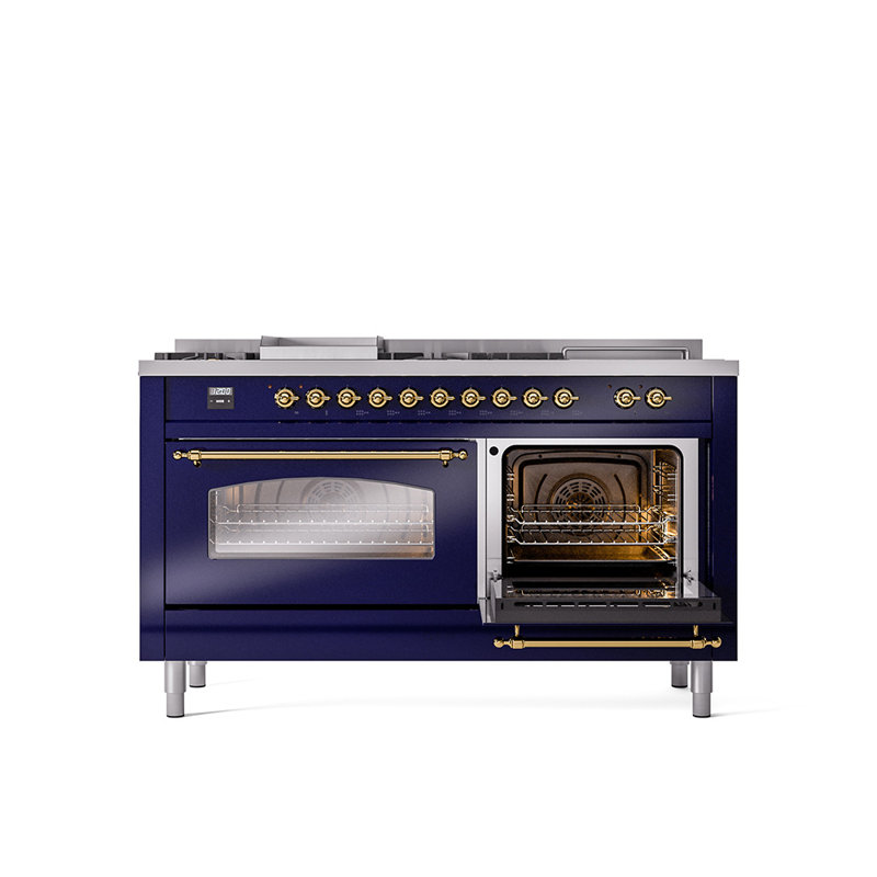ILVE Nostalgie II 60 Dual Fuel Range, 5 Burners, Griddle, Frenchtop , Natural Gas, Midnight Blue/Brass