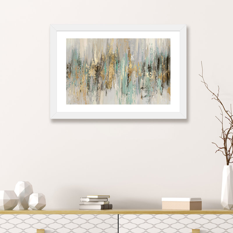 «Dripping Gold I» par Tom Reeves - reproduction imprimée, H 16 po x l 24 po, Papier dans un cadre photo, Blanc