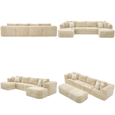 Modular Sectional Sofa 135.4" with Two Movable Ottomans, Boneless Sofa Couch Cozy Bubble Velvet Fabric, U-Shaped Configurable Living Room Couch, Includes Throw Pillows