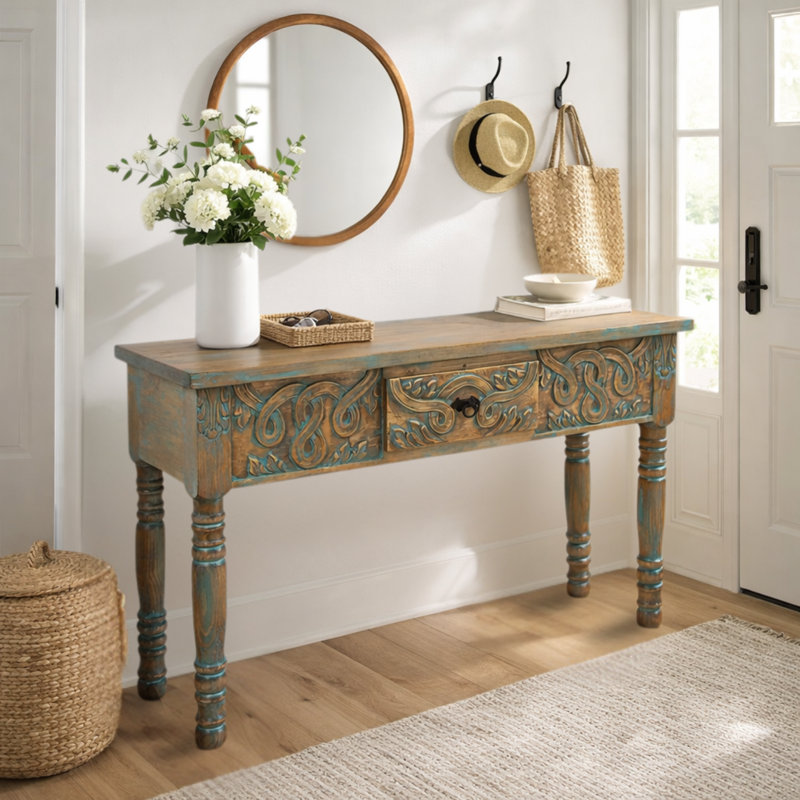Ribbon Carved Console in Turquoise Wash, Light Turquoise Wash