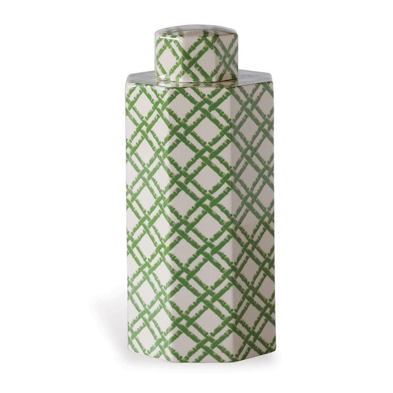 Bamboo Trellis White/Green Porcelain Jar, 16" H x 7.5" W x 7.5" D