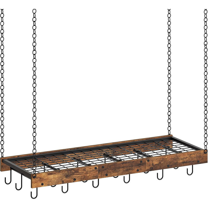 Industrial Hanging Pot Rack For Kitchen – Ceiling/wall Mounted Cookware Organizer With 18 Hooks For Pots And Pans, Rustic Brown And Black