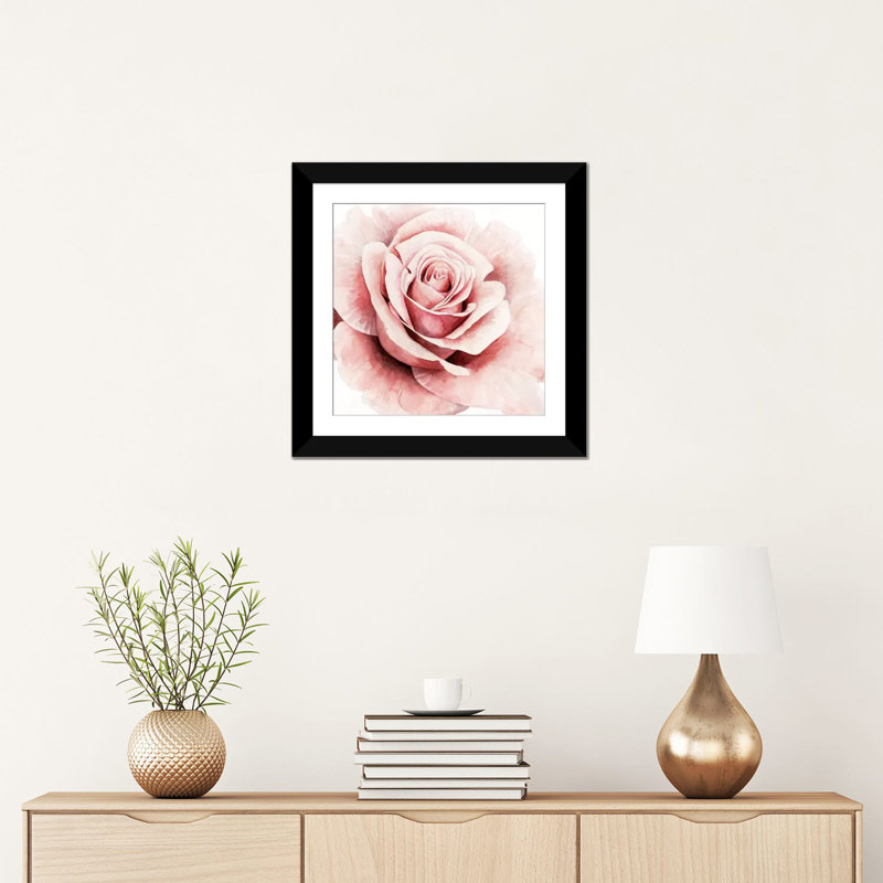 Rose rose I - reproduction sur toile, H 16 po x l 16 po x P 1 po, Papier d'art encadré noir, Blanc