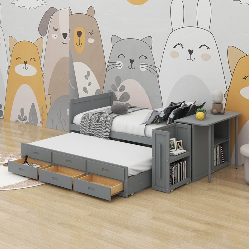 Lit plateforme simple en bois avec bureau et tablette de rangement, Gris