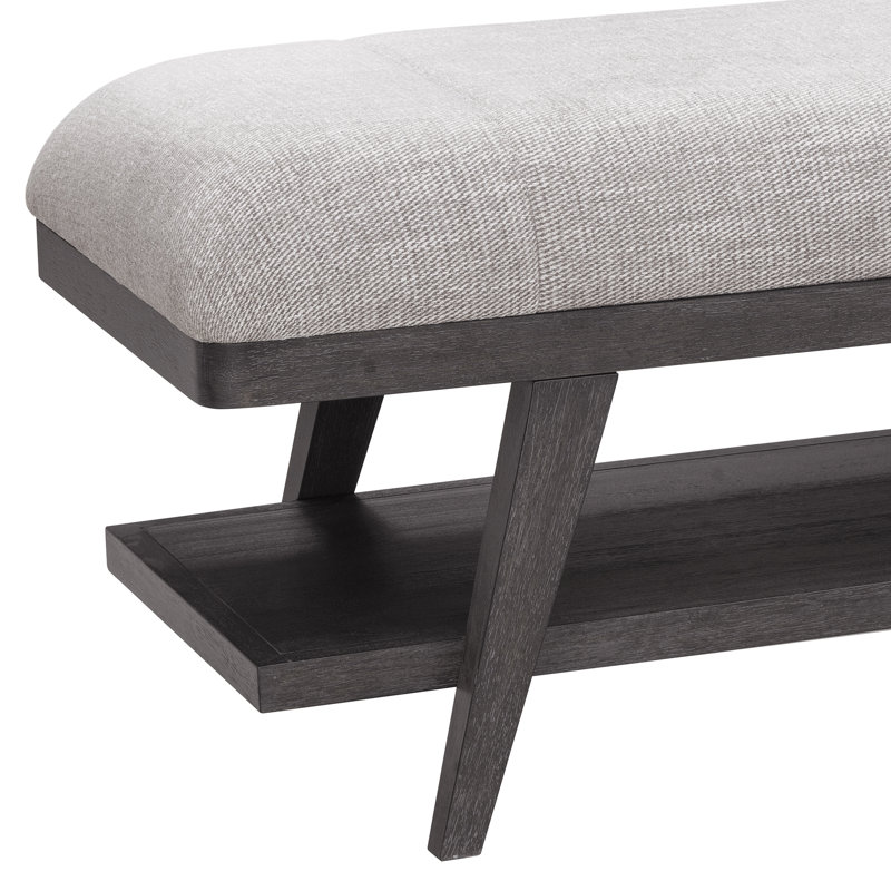Gray Upholstered Ash Wood Bed Bench with Shelf