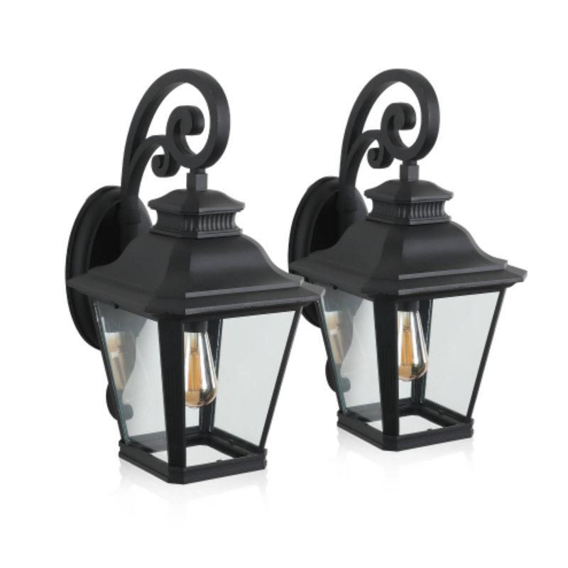 2-Pack 14" Black Outdoor Wall Lantern, Waterproof Clear Glass Sconce For Porch Patio Garden Doorway