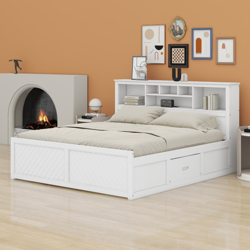 Lit plateforme avec tête de lit multi-rangement, USB et tiroirs, Blanc