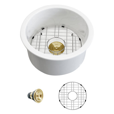 18"L x 18"W Undermount Ceramic Kitchen Bar Sink Circle Single Bowl Kitchen Sink with Bottom Grid