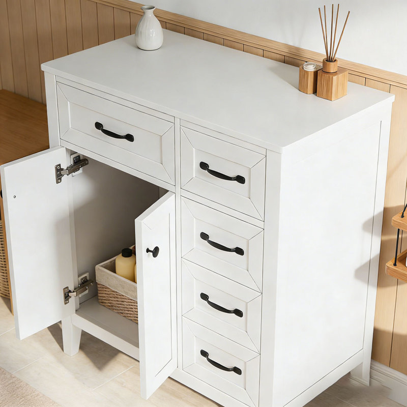 Meuble-lavabo 30 po avec lavabo en céramique blanc et poignées en métal noir