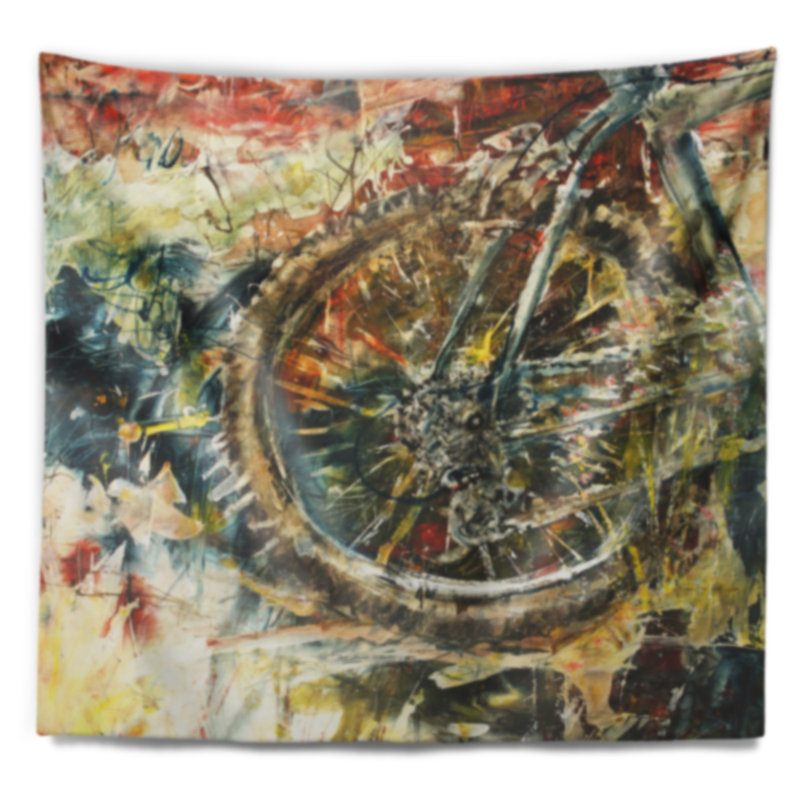Tapisserie abstraite de peinture à l'huile de vélo de montagne, H 68 po x l 80 po