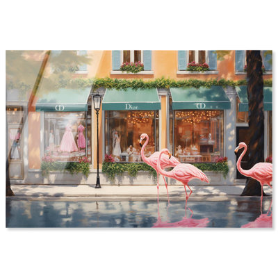 «Flamingo Plaza», art mural en verre acrylique sans cadre très coloré par Art Remedy, prêt à accrocher, 45 x 30