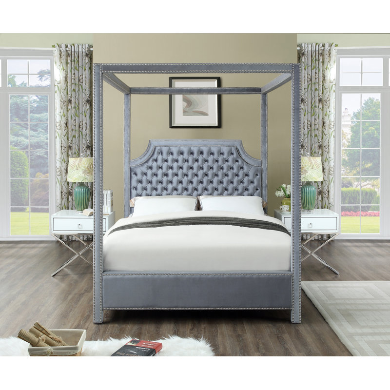 Emet Upholstered Canopy Bed, King, Grey Velvet