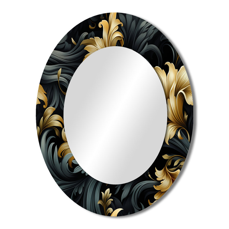 Elegant Ebony And Beige Flowers Pattern - Paisley Oval Decorative Mirror On Metal, 43" H x 33" W
