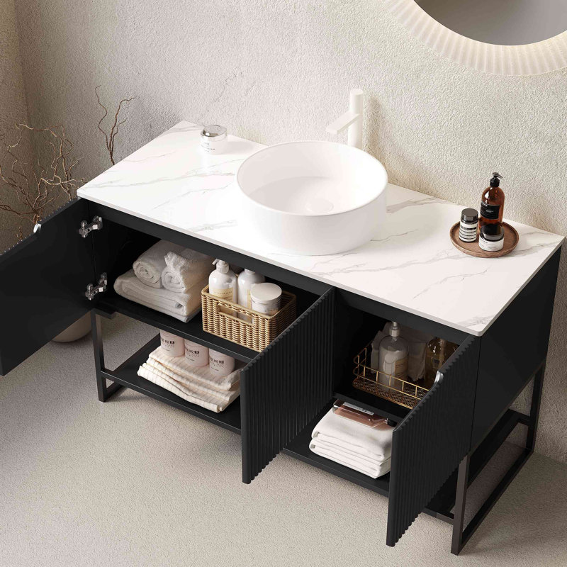 Meuble-lavabo de 48 po avec lavabo, meuble de rangement autoportant avec 3 portes et vasque ronde en céramique avec comptoir en pierre frittée