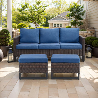 Nazime 74.02" Wide Outdoor Wicker Patio Sofa with Cushions and Ottomans