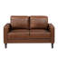 Sofa rustique deux places en similicuir au chocolat, avec accoudoirs droits et passepoil décoratif.
