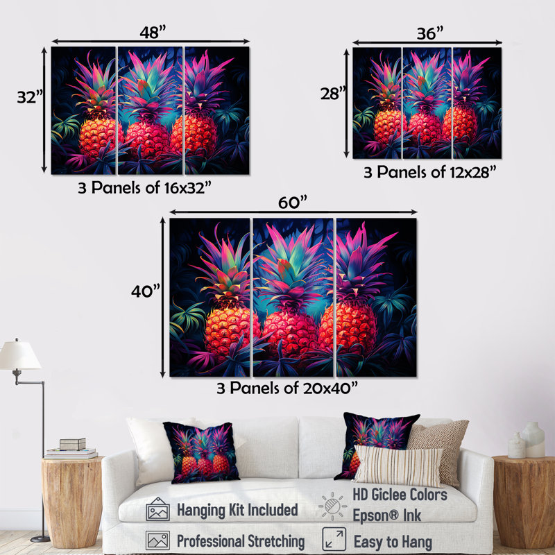 «Neon Pinapple Nectar II - Pineapples», ensemble de reproduction d'art mural, H 28 po x l 36 po x P 1 po
