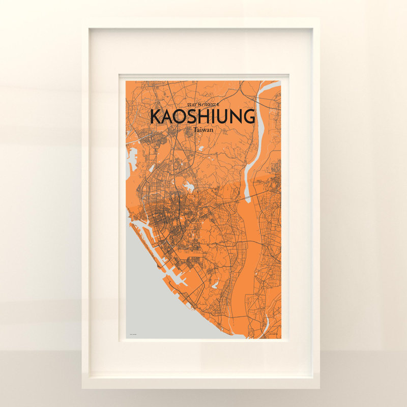 Kaoshiung City Map In Orange - No Frame Print, 17cm H x 11cm W x 0.05cm D