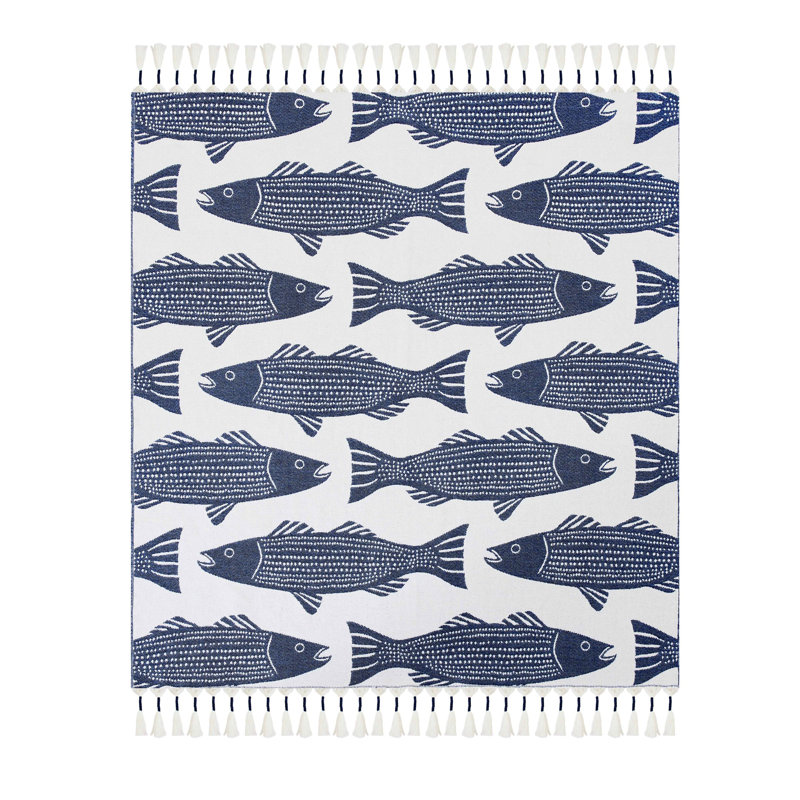 Blue and White Reversible Acrylic Woven Throw Blanket