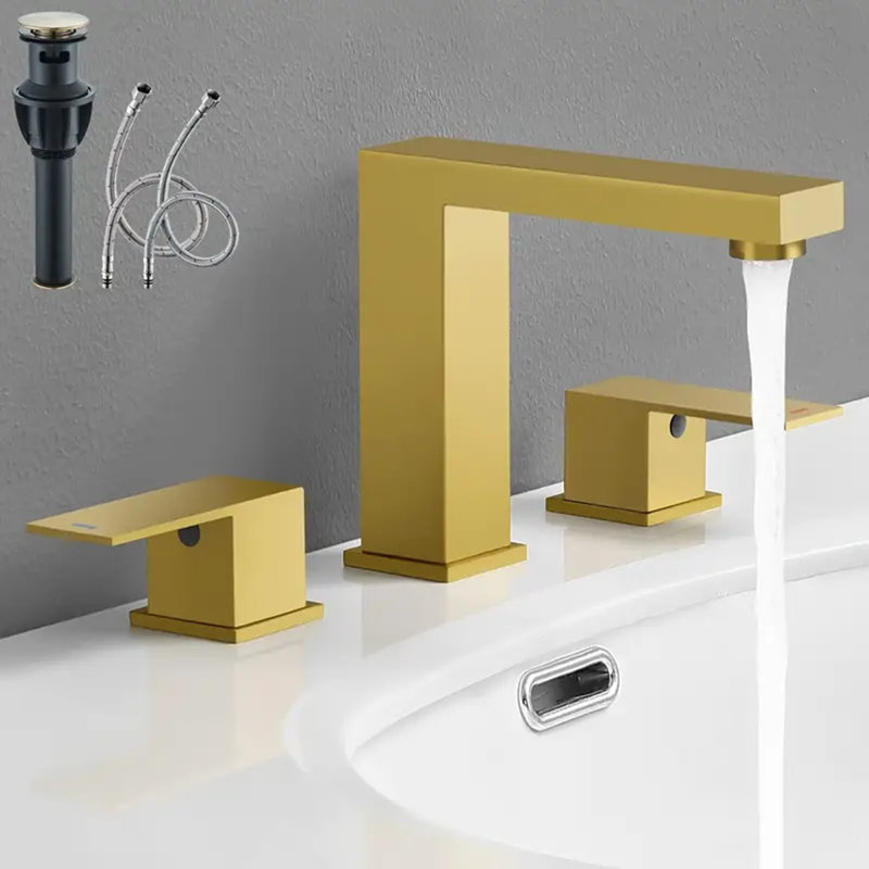 Brushed Gold Widespread Bathroom Sink Faucet 3Hole Basin Vanity Mixer Faucet Tap, Brushed Gold