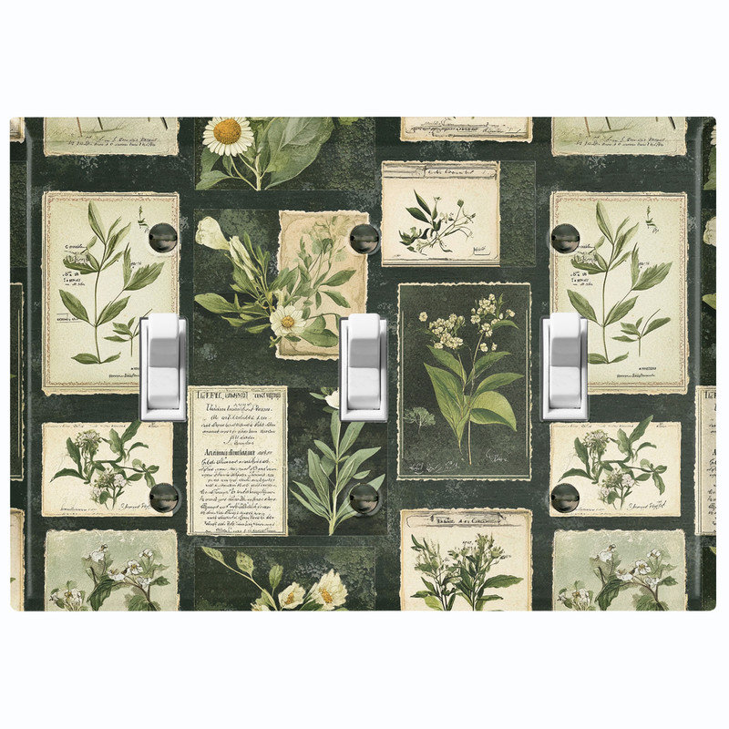 Couvercle de plaque d'interrupteur en métal; Bascule à 3 bandes US standard - Vintage Botanical Plant Journal, Triple # 3