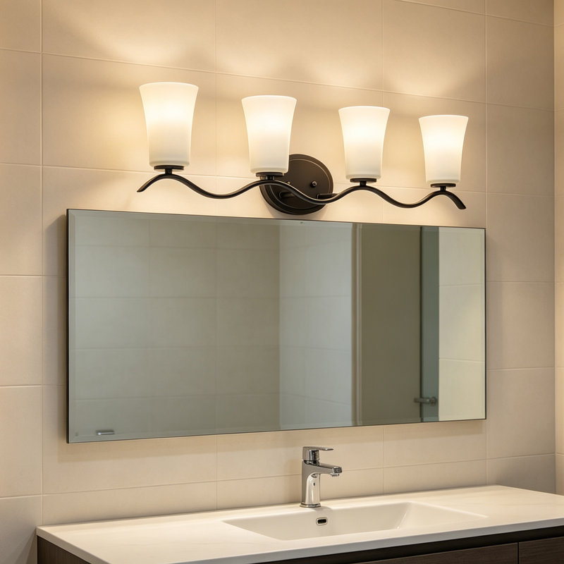 Éclairage pour salle de bain 4 lumières avec abat-jour en verre, Bronze frotté à l'huile, 4 lumières