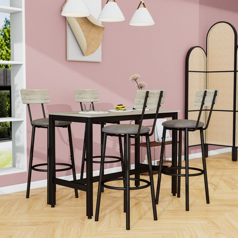 Ensemble de table de bar rustique 5 pièces avec structure robuste et 4 tabourets en cuir synthétique, Gris pâle / gris
