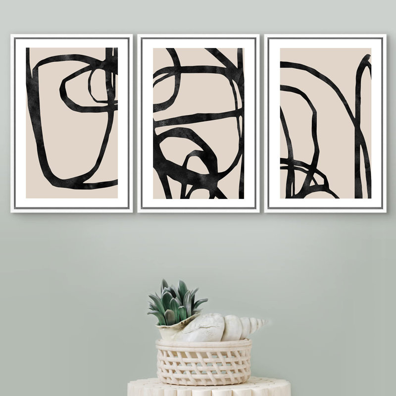 "Mid-Century noir, brun clair, ligne, collage, formes abstraites, illustrations, art moderne bohémien nordique", 3 pièces