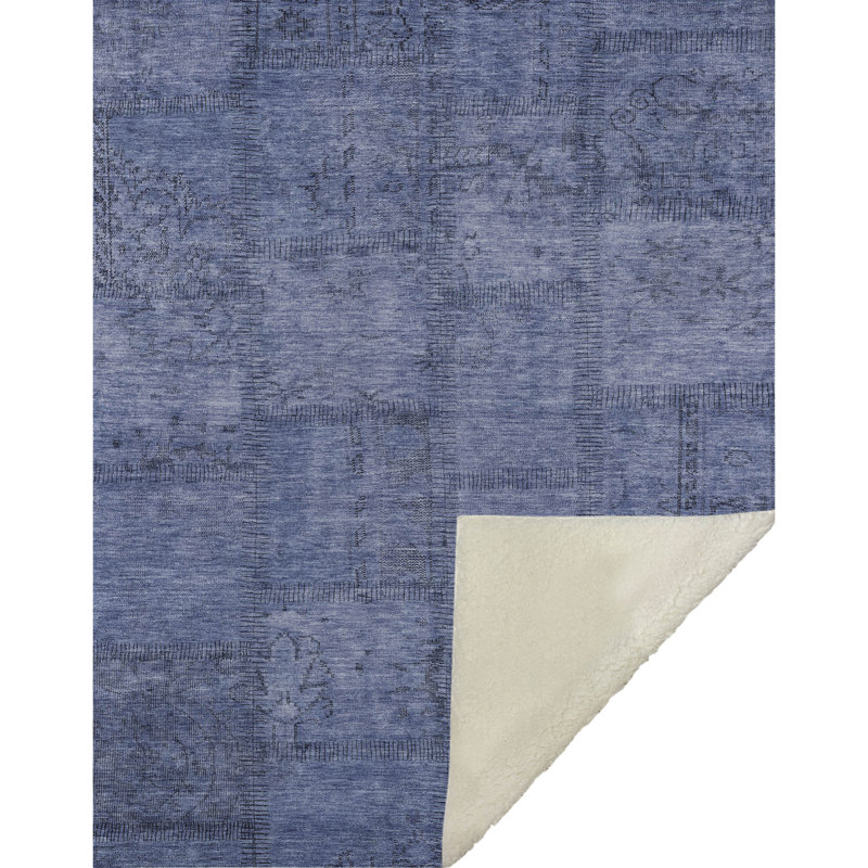 Addison Machine Washable Sherpa Throw Blanket, ASB685 Patchwork, Bleu