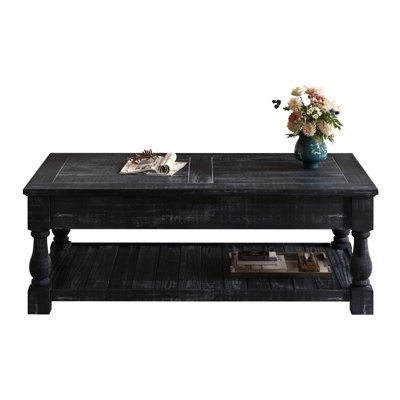 Farmhouse Lift Top Coffee Table With Fixed Shelf - 3 Hidden Storage Trays