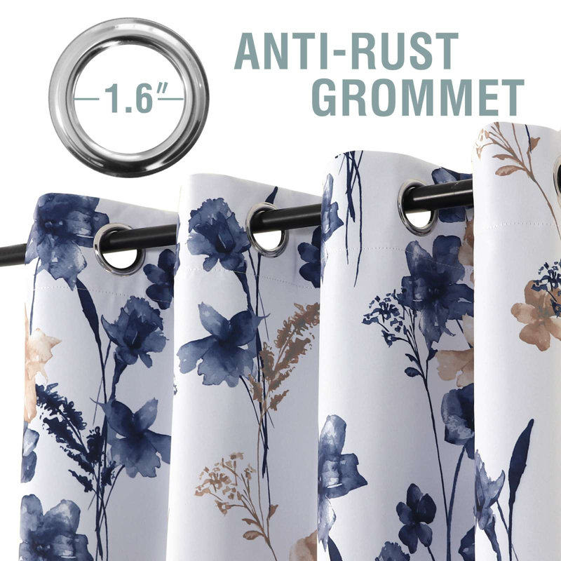 Rideau 100% occultant à motif floral Peshy, Bleu marine / taupe, L 84 po x l 52 po