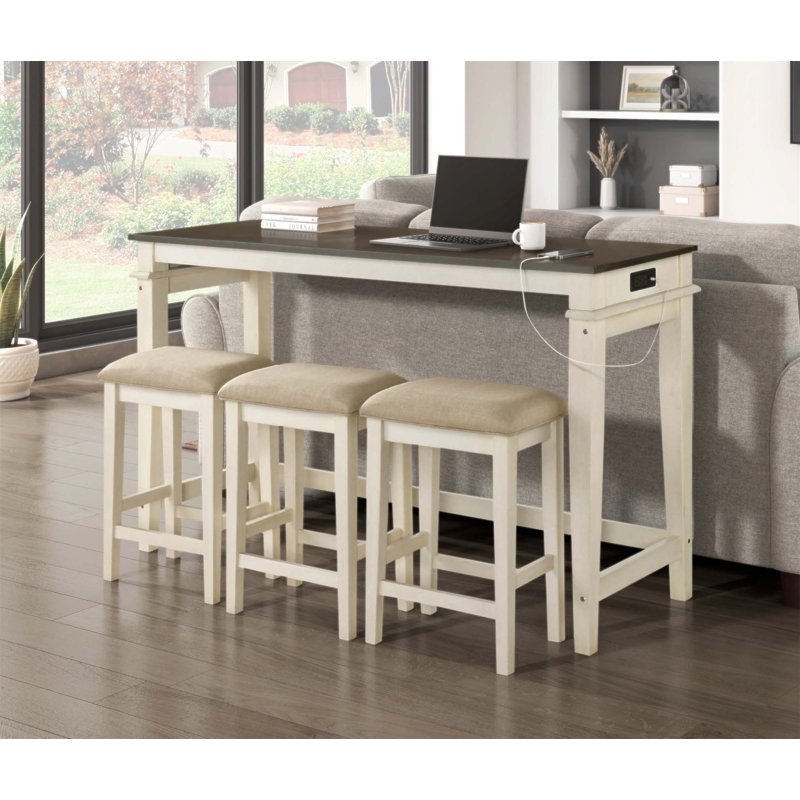 Ensemble de table haute de salle à manger 4 pièces, fini bicolore moderne, avec prises USB et tabourets rembourrés, pour salon.