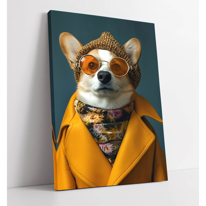 Corgi Wearing Orange Jacket and Glasses Canvas Wall Art Print, 30 cm H x 20 cm W