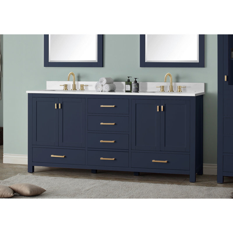 Modero 60" Double Bathroom Vanity with Top, Cala White Marble, Navy Blue