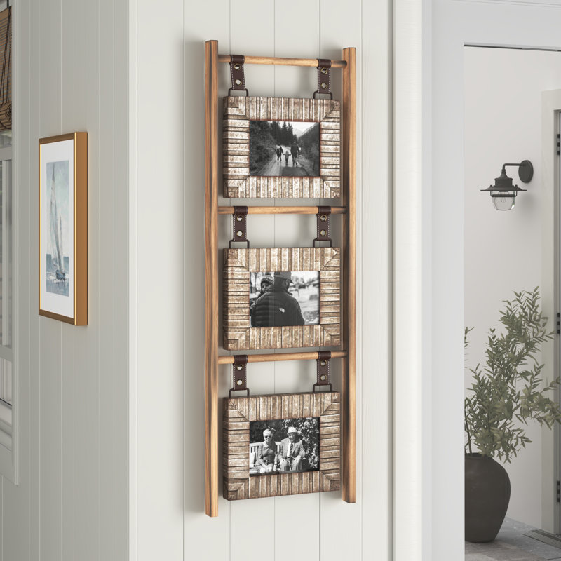 Cadre photo mural en bois, cuir et métal Avalina