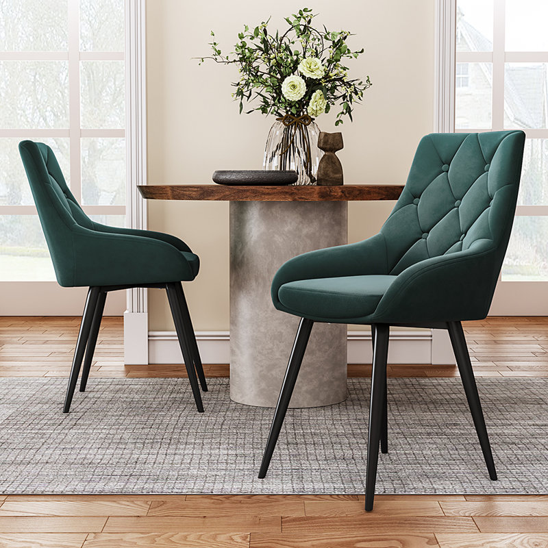 Upholstered Velvet Metal Legs Button Upholstered Dining Chair, Set of 2, Green
