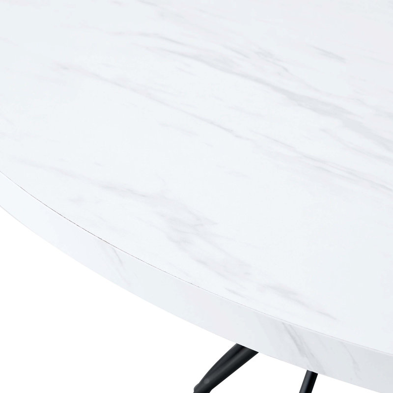 47.3 Inch Round Industrial Style Dining Table, 4 White Marble Pattern MDF Spliced Top With Black Hourglass Metal Bracket, Seats 4-6 People