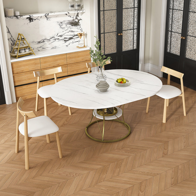 Ensemble de table de salle à manger, table de salle à manger extensible ronde avec base en métal, 4 chaises à structure en bois