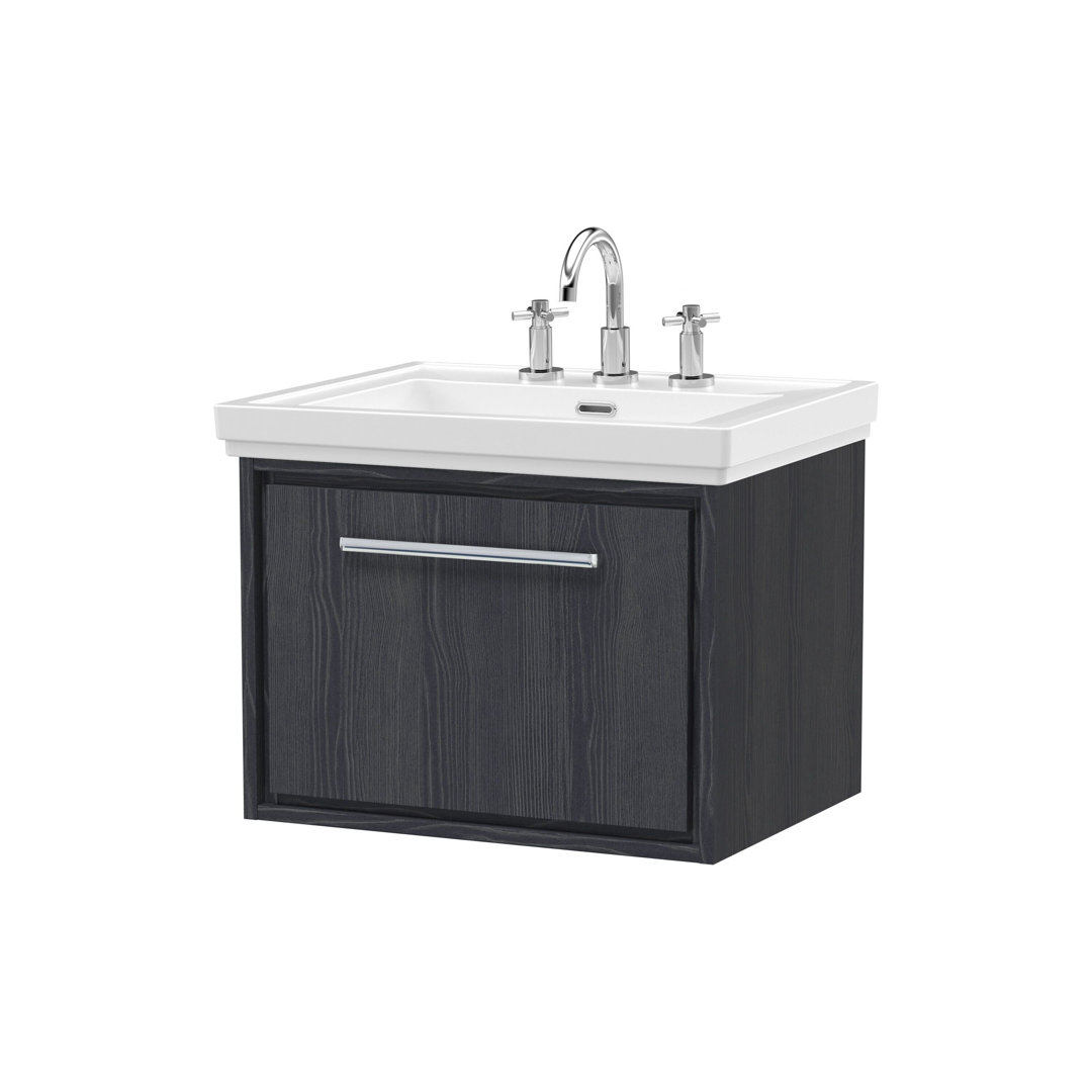 Hudson Reed Lille 600mm Wall Hung Vanity Unit - Single Drawer - 3 Tap Hole Basin - Graphite Grey Woodgrain - Image 3