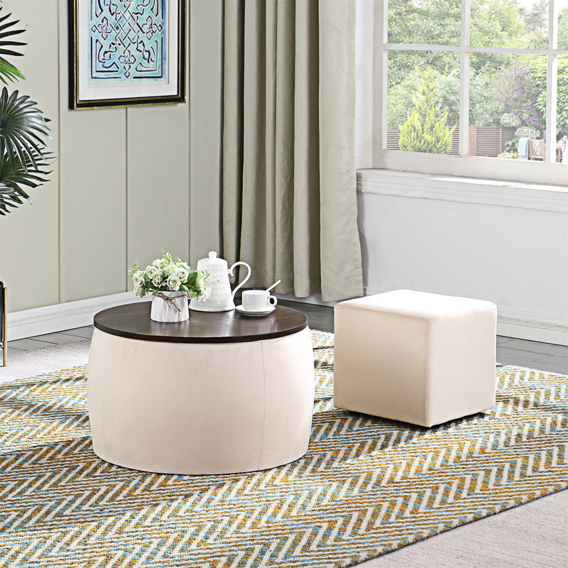Round Ottoman Set With Storage Round Coffee Table Square Footstool, Beige