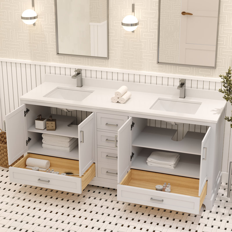 Meuble-lavabo double autoportant 72 po avec plateau en quartz blanc Maya, Blanc