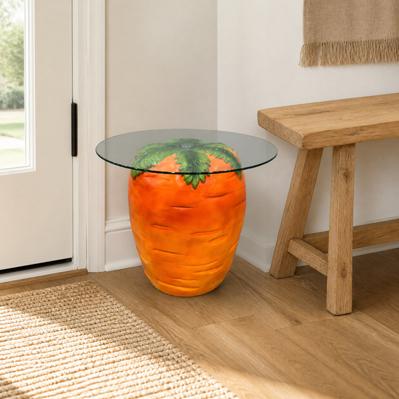 Carrot with Glass Top Resin Accent Side Table, 14.17 x 16.73 Inches, Orange Red