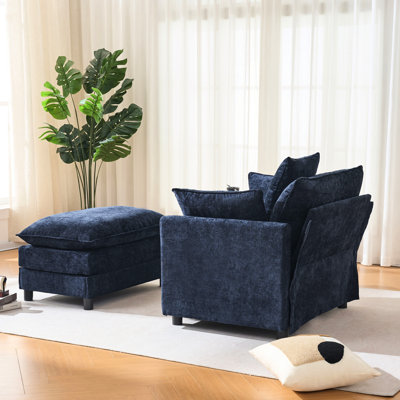 39.4" Modern Blue Chenille Reading Chair, Bedroom Club Chair With , Solid Wood Section Support