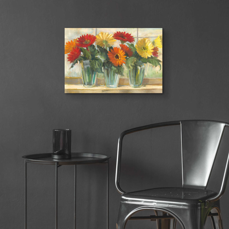 «Gerberas In Glass Vases» par Carol Rowan, art mural en verre acrylique, H 16 po x l 24 po x P 0,2 po