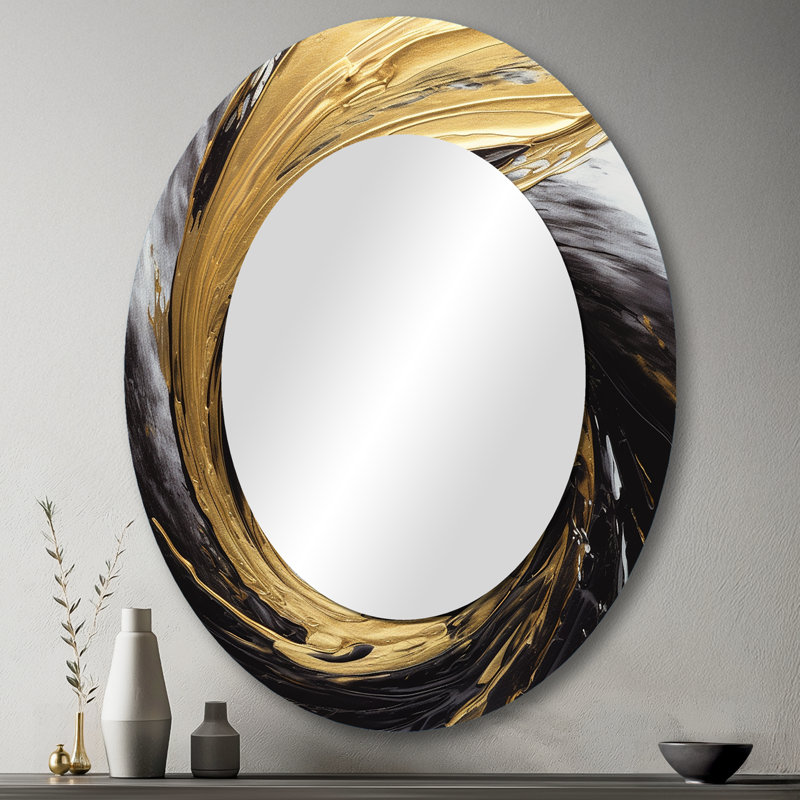 Waves Of Midnight Passion - Abstrait noir et or - Miroir décoratif ovale abstrait sur métal, 43 po x 33 po