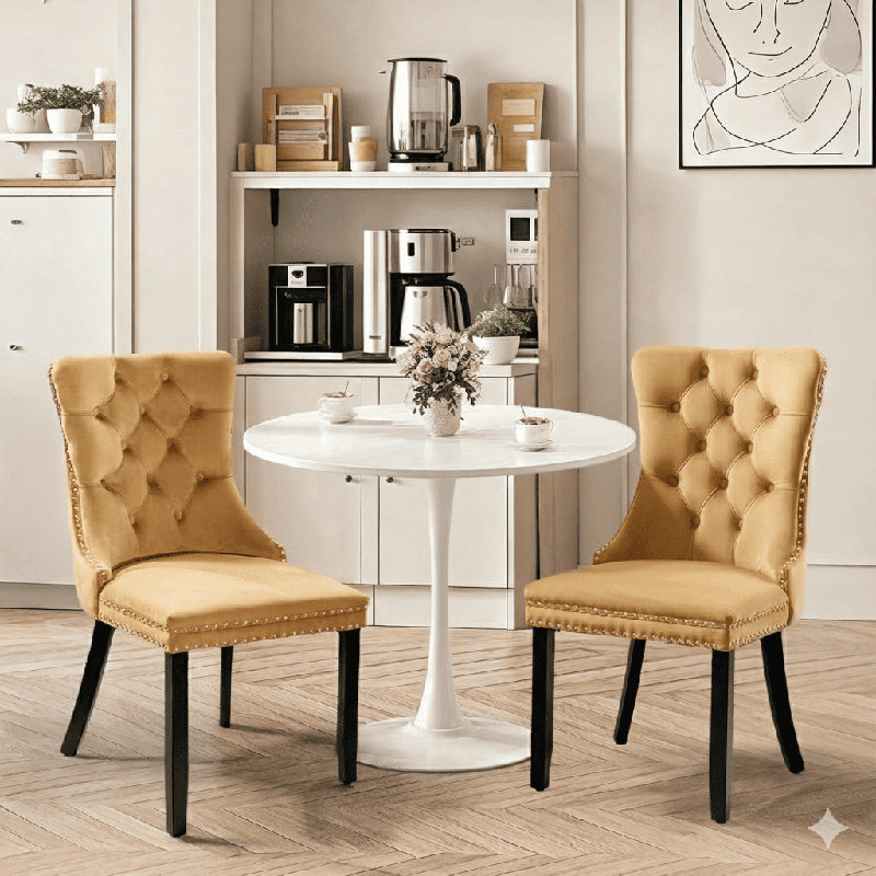 Ensemble de table de salle à manger rond avec 2 chaises, Or/noir, Blanc