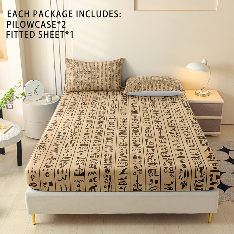Orylavena Ancient Egyptian Hieroglyphs Fitted Sheet Set, Papyrus Style Digital Print Microfiber Bedding, Twin Full Queen King, Solid Black Reverse, No Pillow Insert Included