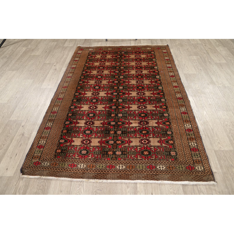 Tapis brun en laine noué à la main de conception unique 4 pi 4 po x 6 pi 5 po Rashaun