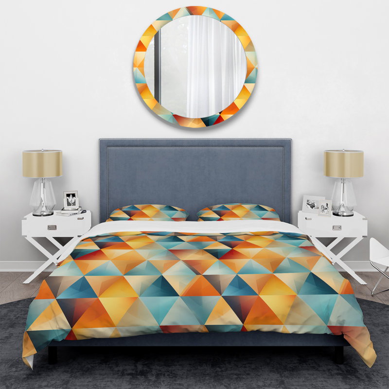 Ensemble de housse de couette orange et bleu Symmetry Tranquil Triangles I, Housse de couette pour grand lit et 2 taies décor
